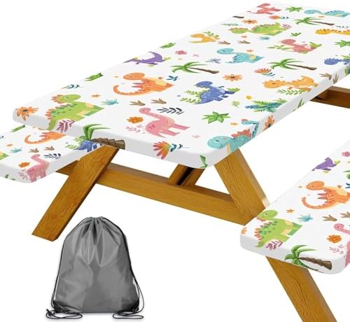 Funny Dinosaur Picnic Table Cover with Bench Covers and Bag, Camping Essentials, Animal Waterproof Windproof Fabric, Fitted Tablecloth Cover with Elastic Edge, for Indoor & Outdoor, 3 PCS, 30x60 Inch by Xguatan
