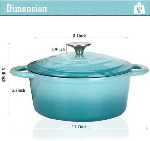 COOKWIN Cast Iron Dutch Oven, 3 QT Round Dutch Oven Pot with Self Basting Lid for Home Baking, Braiser, Cooking, Great Christmas Gifts for Family,Teal - Image 2