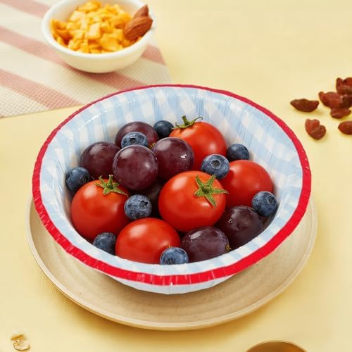50 Pcs Small Paper Bowls, 8 oz Disposable Gingham Bowls, Soak Proof, Cut Proof, Microwave Safe Compostable Checkered Bowl for Ice Cream, Snack, Buffalo Plaid Birthday Party Supplies (Blue) - Image 2
