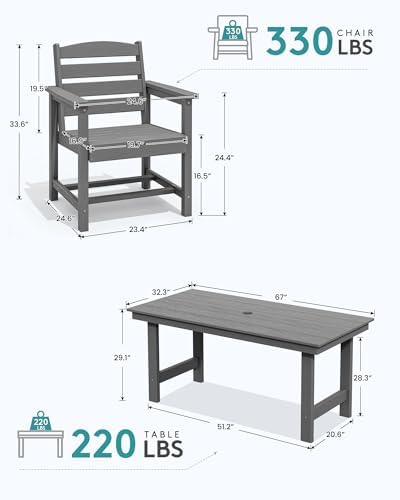 SERWALL 7 Pcs Outdoor Dining Set, 67" HDPE Dining Set for 6, Gray - Image 4