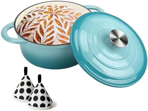 COOKWIN Cast Iron Dutch Oven, 3 QT Round Dutch Oven Pot with Self Basting Lid for Home Baking, Braiser, Cooking, Great Christmas Gifts for Family,Teal by COOKWINCastIron