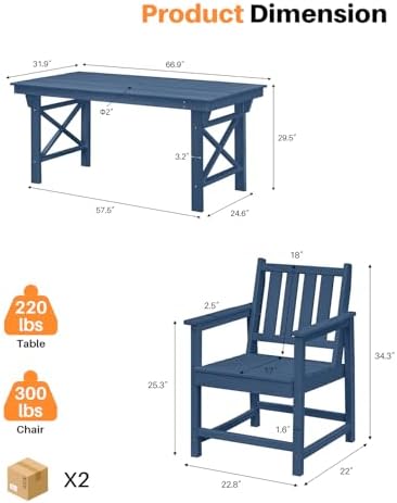 7 Pieces HDPE Outdoor Dining Set, Patio Dining Set with Umbrella Hole, All Weather Outdoor Dining Table Sets for 6, HDPE Patio Furniture Sets for Deck, Backyard, Lawn, and Poolside, Navy - Image 3