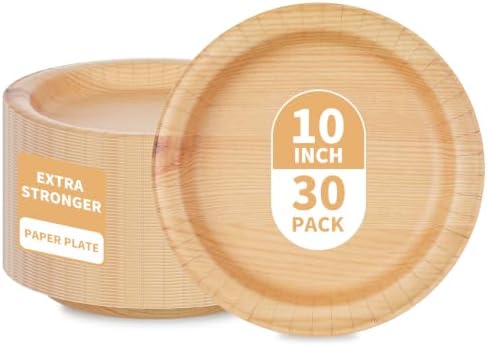 30 Pcs Wood Grain Paper Plates 10 Inch, Double Thick & Extra Sturdy Wood Paper Plates, Microwave Safe, Soak Proof Disposable Plates for Woodland Baby Shower, Camp Party, Birthday Party by DTFMZOV