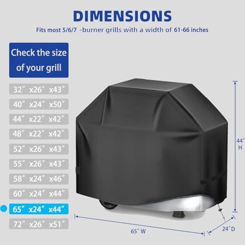 BBQ Gas Grill Cover for Outdoor, Anti-UV, Rip-Proof, 600D Oxford Fade Resistant Material, Barbecue Cover with Hook and Loop Straps & Adjustable Hem Drawstring (Black, 65”x24”x44”) - Image 2