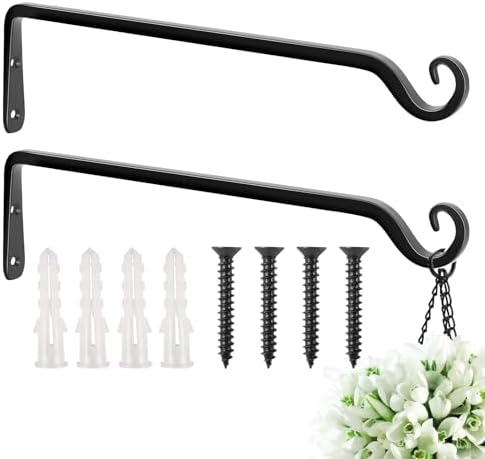 FEED GARDEN Heavy Duty Plant Hooks - 2 Pack 15 Inch Wall Mounted Hanging Brackets, 57lb Capacity Steel Plant Hangers for Bird Feeders, Baskets, Wind Chimes Outdoor Indoor- Black by FEEDGARDEN