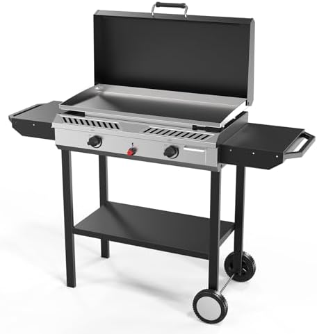 Bonnlo 2-in-1 Propane Stove and Griddle, Iginition Outdoor Gas Cooker with Storage Shelf and Portable Wheels, 2 Burner Camping Stove with 150000BTU Output for Backyard Cooking BBQ Frying and Boiling by Bonnlo