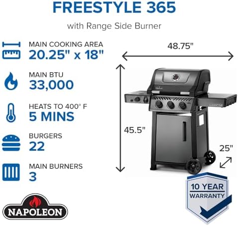 Napoleon Freestyle 365 Propane Gas Outdoor Grill with Range Side Burner, Graphite Grey – 4-Burner BBQ for Versatile Cooking - Image 3
