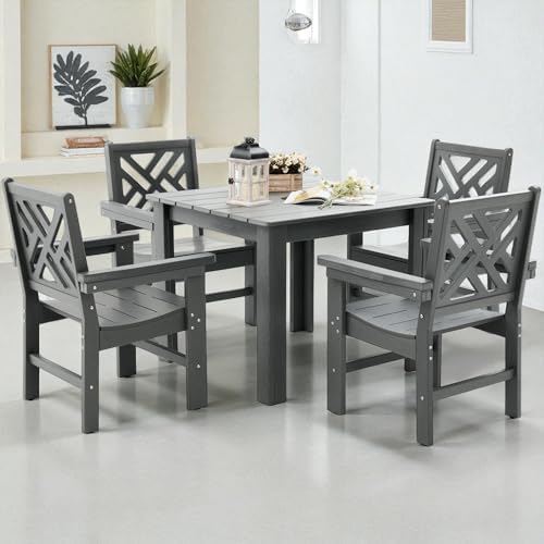 HDPE Outdoor Dining Set,5-Piece Outdoor Table and Chairs Include 4 Armchair Chairs and 35.5" Square Patio Dining Table with Umbrella Hole (Gray) - Image 3