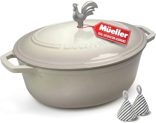 MUELLER HOME 5.5 Quart Enameled Cast Iron Oval Dutch Oven with Rooster Knob & Cotton Potholders, Heavy-Duty Cookware, Oven-Safe up to 500° F & Across All Cooktops, Gifts for Grandma & Women, White by MUELLERHOME