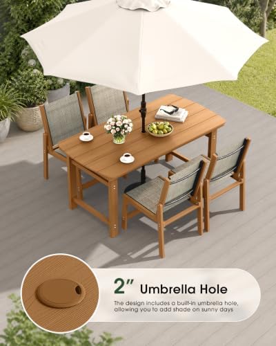 HDPE Outdoor Dining Set, Patio Table and 4 Stackable Armless Chairs, Teak - Image 5