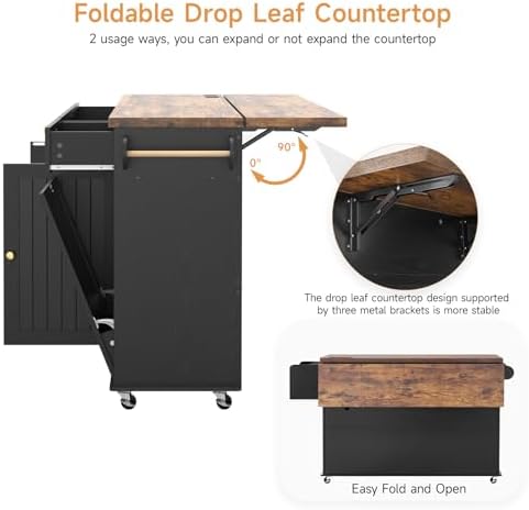ONBRILL 60" Kitchen Island with Trash Can Storage, Rolling Island Table - Image 4