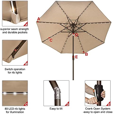 EliteShade USA 10-Year-Non-Fading 9ft Market Patio Umbrella, Commercial Grade Table Sun Umbrella with 80 Solar LED Lights, Crank Open, Windproof & UPF 50+ UV Protection for Garden, Deck, Pool, Backyard, Heather Beige - Image 5