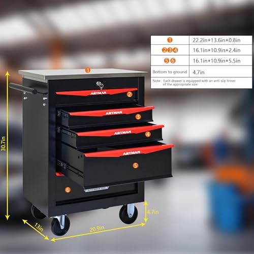 5-Drawer Heavy-Duty Rolling Steel Tool Cart with Handle&Wheels, Metal Storage Organizer Cabinet, Tool Chest for Efficient Tool Storage in Garage, Warehouse, Workshop, Repair Shop, Black&RED - Image 6