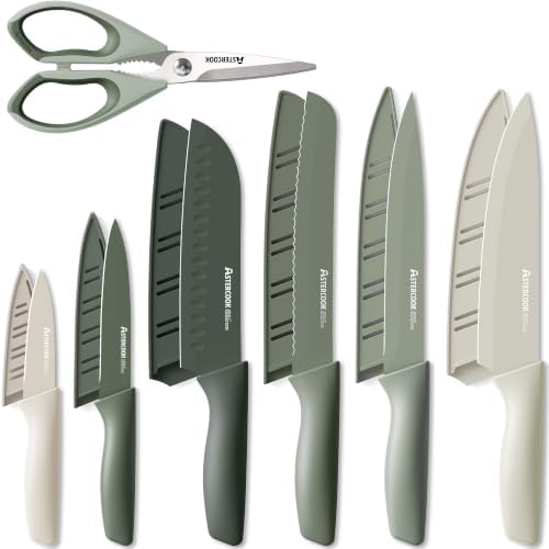 Astercook Knife Set, 13 Pieces Kitchen Knives Set with Healthy Anti-Rust Coating, Dishwasher Safe, Stainless Steel Chef Knife Sets with 6 Blade Guards, Perfect Holiday Gifts for Kitchen Green by Astercook