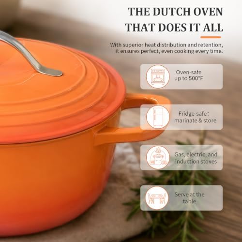 Winado 5 Qt Enameled Cast Iron Dutch Oven Pot with Lid, Orange Ombre - Image 6