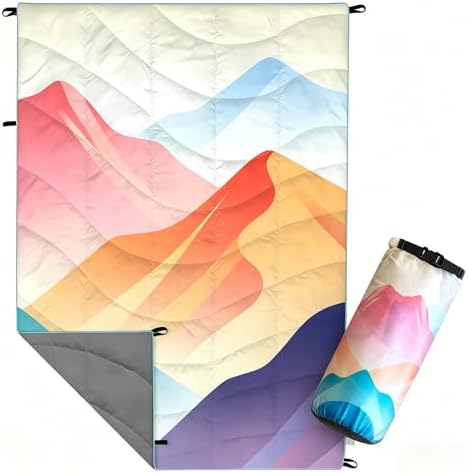 Outdoor Puffy Camping Blanket, Lightweight Down Alternative Printed Large Ultra Warm Quilt Waterproof for Traveling Picnic Beach Party Cold Weather (Multicolored Mountain) by GLORSIGN