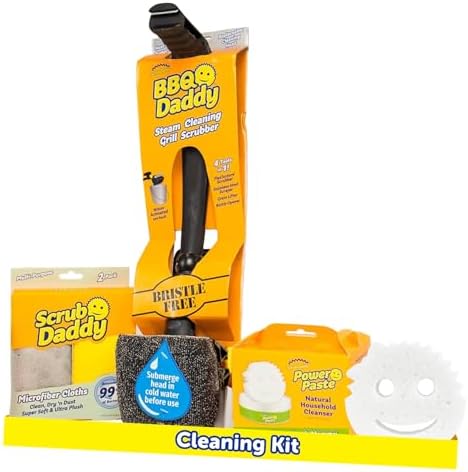 Scrub Daddy Household Cleaning + BBQ Bundle - BBQ Daddy Bristle Free Grill Brush - 2 Microfiber Cleaning Towels - All Purpose Cleaner PowerPaste Cleaning Paste + Scrub Mommy Sponge by ScrubDaddy