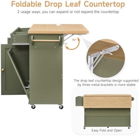 ONBRILL 60" Kitchen Island with Trash Can Storage, Rolling Island Table - Image 4