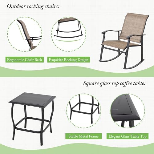 Shintenchi Rocking Chair Outdoor with Table, 3 Piece Rocking Patio Bistro Set, Outdoor Furniture Set with Metal Frame and Textilene Fabric for Small Space, Brown - Image 3