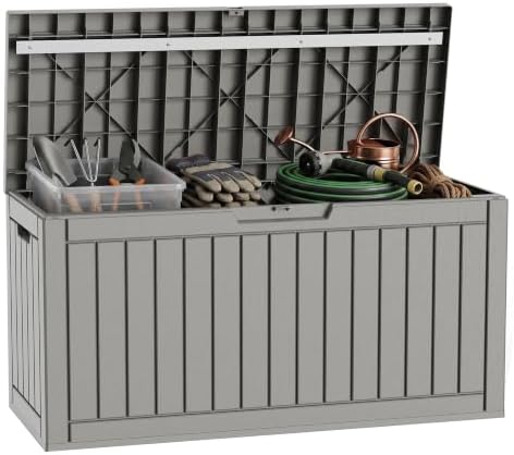 110 Gallon Deck Box, Lockable Waterproof Resin Outdoor Storage Box, Weatherproof Container for Garden Tools, Indoor Cushions & Outside Accessories (Grey) by MAIUSCOLI
