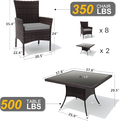 Gotland 10 Piece Outdoor Dining Set, All-Weather Rattan Patio Furniture Set with Umbrella Hole Tempered Glass Square Table, Outdoor Table and Chairs with Removable Cushions for Backyard Deck Grey - Image 2