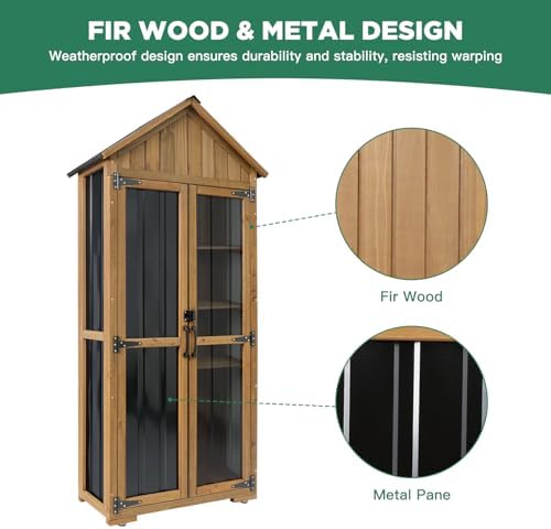 Ketive Outdoor Storage Cabinet, Wood & Metal Storage Shed with Weather-Resistant Roof, Adjustable Shelf, Lockable Doors & Adjustable Feet, for Garden, Patio, Backyard, 27.5" x 13" x 67" - Image 3