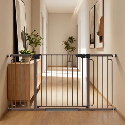 Cumbor 36.6-59" Extra Wide Baby Gate for Stairs, Auto Close Dog Gate Brown by Cumbor
