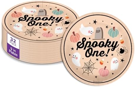 Spooky One First Birthday - 32 Piece Disposable Party Supplies - Decorations for Halloween 1st Birthday Round Party Plates - Large 9" Paper Plates In Bulk by BirthdayGalore