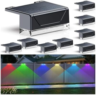 LIANGLOME 8PK Solar Fence Lights Outdoor - Warm White & RGB 6 Color, Dusk to Dawn Deck Light, IP65 Waterproof Garden Lights for Outside/Backyard/Railing/Step/Patio/Wall by LIANGLOME