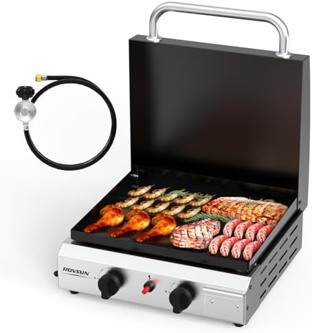 ROVSUN 2 Burner Portable Propane Griddle with Enameled Tray & Lid, 20,000 BTU Tabletop Flat Top Gas Grill with Electronic Ignition & Regulator for Outdoor Cooking Camping BBQ Tailgating Picnicking by ROVSUN