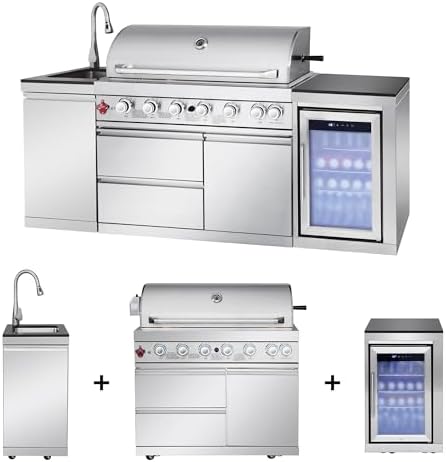 82-Inch 6-Burner 83500 BTU Outdoor Kitchen Island, 304 Stainless Steel Propane Gas Grill, Black Gold Sand Marble Countertop, Wine Cooler, For Patio, Lawn, Backyard, Sliver - Image 4