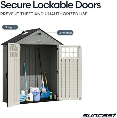 Suncast Everett 6x3 ft Vertical Storage Shed - Resin Outdoor Garden Shed with Floor, Windows, Skylight & Lockable Double Doors. Slim Yard Storage for Utility Tools & Backyard Equipment - Image 6