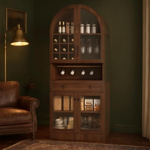 70"Tall Arched Glass Wine Cabinet with Adjustable Shelf & Wine Rack, Walnut by Unknown
