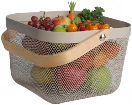 Mesh Steel Storage Organizer Basket Fruit Basket Bin with Wood Handle Ideal for Kitchen Bathroom Picnic Baskets Pantry Cabinets Storage Home Decor (Cold Gray) by Ymeibe