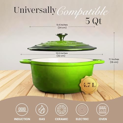 Cast Iron Pot with Lid-Non-Stick Ovenproof Enamelled Casserole Pot, Oven Safe up to 500° F-Sturdy Dutch Oven Cookware - Green, 5-Quart, 24cm-by Nuovva - Image 2