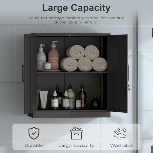 IRONFFICE Metal Wall Cabinet,Garage Cabinet with Handle,Lockable Storage Cabinets Wall Mounted with 2 Doors,Locking Cabinet with Shelves for Basement,Office,Living Home,Black - Image 4