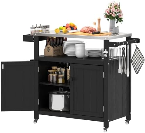 Weatherproof HIPS Outdoor Kitchen Island with Stainless Steel Top & Storage Cabinet, Movable Prep Table with Wheels for BBQ Food Prep, Outdoor Grill Cart for Parties, Black by Sunnibety