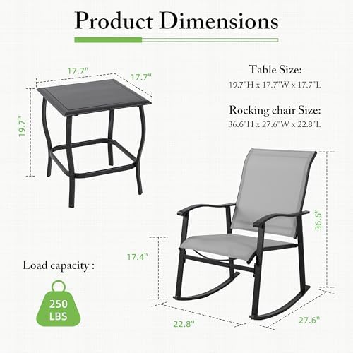 Shintenchi 3 Piece Rocking Bistro Set, Outdoor Furniture with Rocker Chairs and Glass Coffee Table Set of 3, Balcony, Porch Furniture for Small Space, Light Gray - Image 4