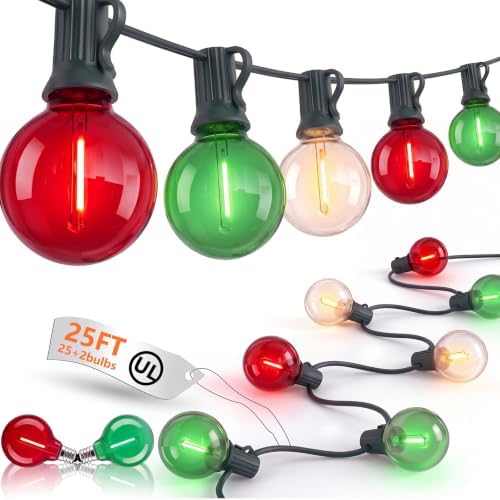 25FT G40 LED Red Green White Outdoor String Lights, 27 Shatterproof Bulbs by Goothy
