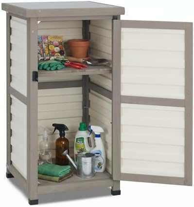 Ketive Outdoor Storage Cabinet, 33.5" H Compact Patio Storage Cabinet with Plastic Door Panels, Wood-Style Frame, 2-Tier Outdoor Organizer for Porch, Balcony, Backyard, Garden Supplies, Gray & White by Ketive