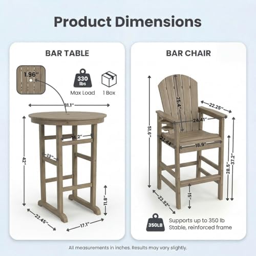 3-Piece HDPE Bar Height Table and Chairs Set, 31.1" Square High Top Pub Table with Umbrella Hole, 2 Adirondack Charis with Cup Holders, Outdoor Patio Dining Set for Bistro Backyard Deck Natural - Image 3