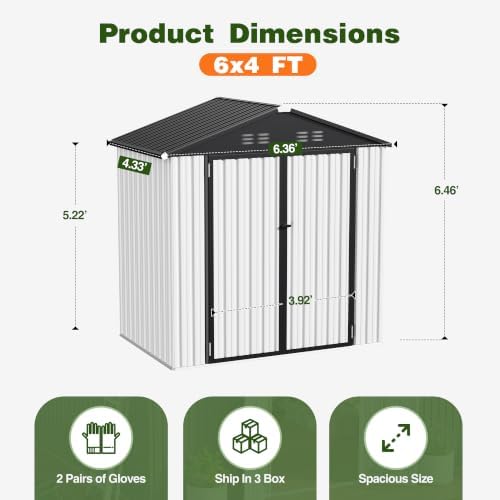 6 x 4 FT Outdoor Storage Shed, Waterproof Metal Garden Tool Shed with Gable Sloped Roof, Magnetic Light, Lockable Door & Air Vents for Backyard Patio Lawn, White - Image 2