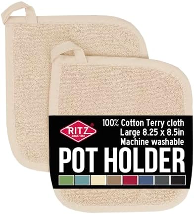 RITZ Terry Potholder & Hot Pad: Unparalleled Heat Resistant, Durable 100% Cotton – Ergonomically Designed for Optimal Grip – Easy-Care Machine Washable – 2-Pack, Latte by RITZ