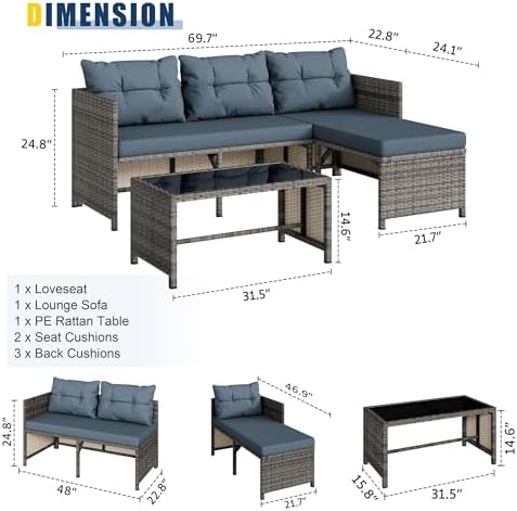 Vongrasig 3 Pieces Patio Furniture Sets, All-Weather Wicker Outdoor Sofa Couch Sectional Set, Small Conversation Set for Patio, Garden w/Cushion, Glass Table, Blue - Image 3