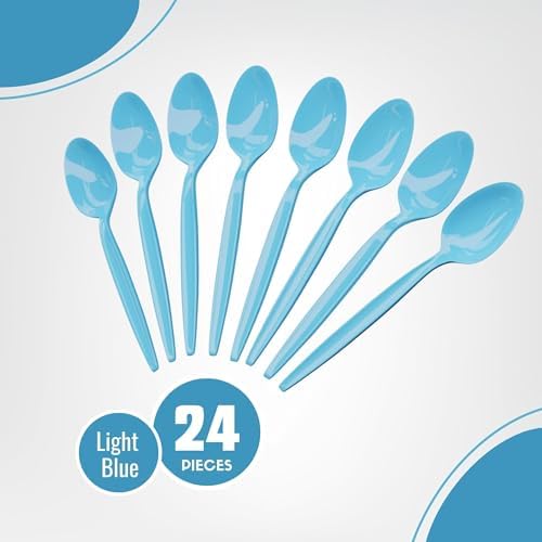 Light Blue Plastic Spoons (24 Pack) - Durable Disposable Tableware Flatware Cutlery Utensils Set for Baby & Bridal Shower, Ocean Theme, Gender Reveal Event, Birthday Party Supplies, Blue Orchards - Image 2
