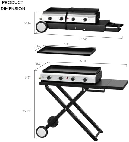 ROVSUN 4 Burner Foldable Propane Griddle with Wheels & Enameled Tray, 40000 BTU Portable Flat Top Gas Grill with Electronic Ignition & Regulator for Outdoor Cooking Camping BBQ Tailgating Picnicking - Image 6