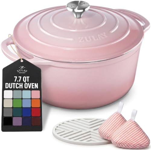 Zulay Kitchen 7.7 Quart Enameled Cast Iron Dutch Oven Pot with Lid – Premium Durability & Oven Safe up to 500°F – Heavy Duty Cookware Perfect for Bread Baking, Stews, Braising & Roasting – Pink by ZulayKitchen