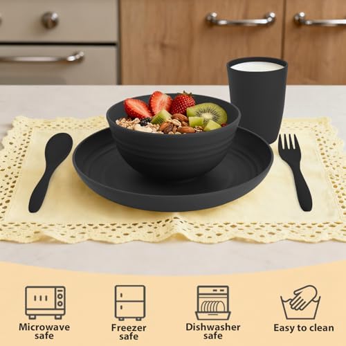 Wheat Straw Dinnerware Sets, Unbreakable Kids Plates and Bowls Sets 20-Piece Service for 4, Alternative Plastic Outdoor Camping Dishes, Microwave & Dishwasher Safe - Black - Image 5