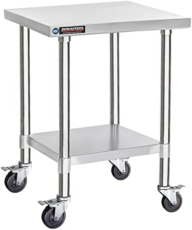DuraSteel 24x24 NSF Stainless Steel Cart Work Table - Heavy Duty Rolling Food Prep Table - Metal Utility Cart on Wheels Caster, Grill Stand Microwave Outdoor Kitchen Tables Countertop Island Large Top by DuraSteel