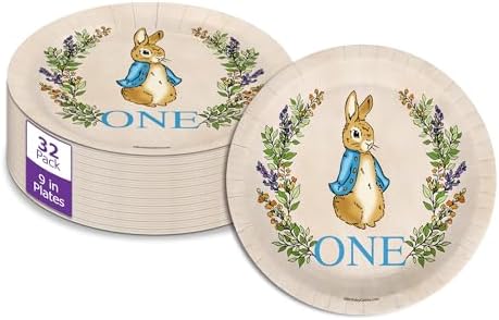 Peter Rabbit Boy's First Birthday - 32 Piece Disposable Party Supplies - Decorations for Bunny 1st Birthday Round Party Plates - Large 9" Paper Plates In Bulk by BirthdayGalore